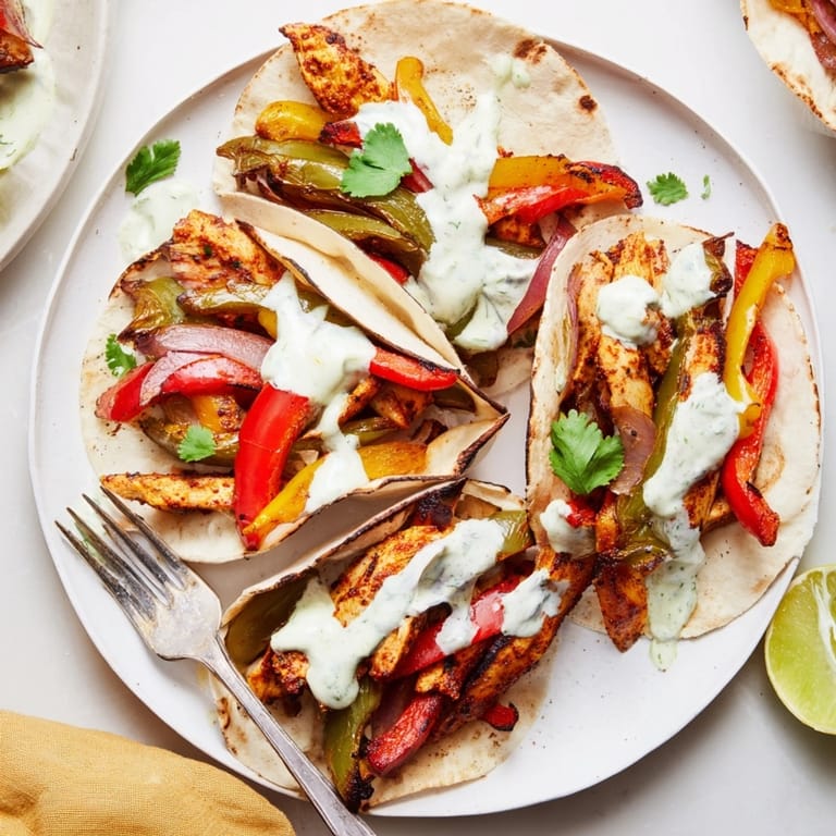 Homemade Chicken Fajitas with Lime Crema: A gluten-free Tex-Mex favorite served hot on warm tortillas.