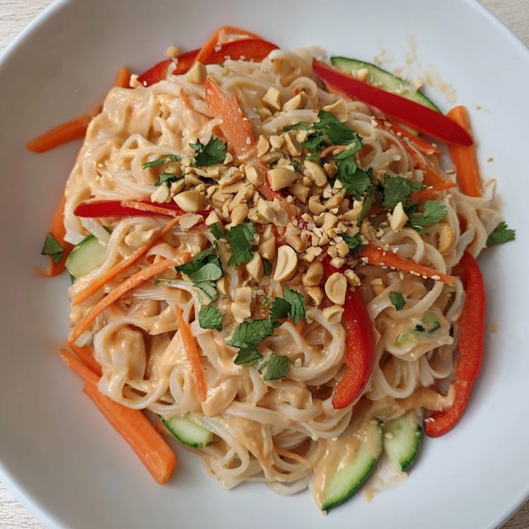 Steaming Spicy Peanut Noodle Salad glistening with a flavorful peanut sauce, perfect for dinner.