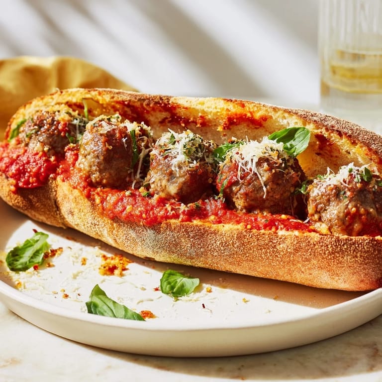 Picture a warm Meatball Marinara Sub Sandwich, with cheesy, bubbling goodness over savory homemade meatballs.