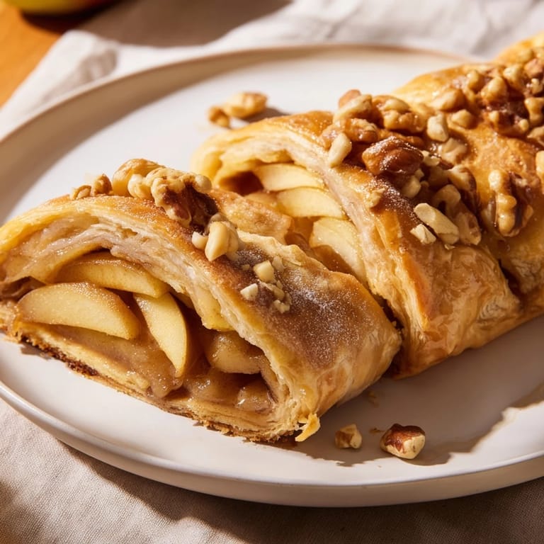 Close-up of apple strudel, showing layers of apples and pastry, perfect for a cozy dessert.