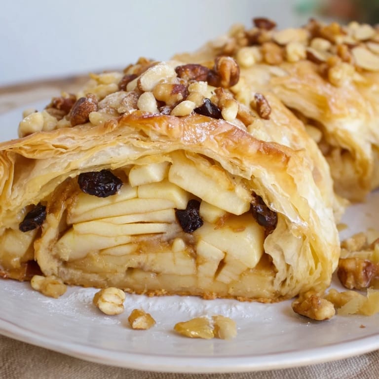 Freshly baked apple strudel with a dusting of powdered sugar and inviting, fruity aromas.
