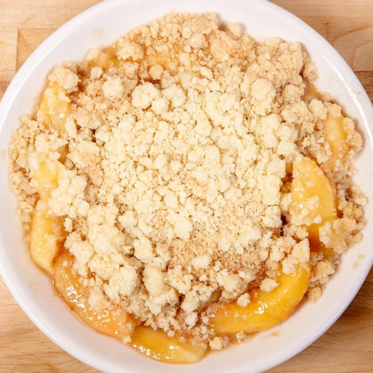 A close-up of a delightful Peach and Ginger Crumble, with a buttery, crispy topping.