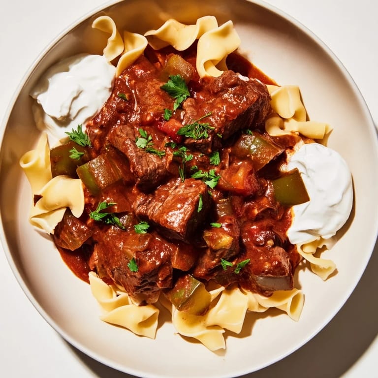 Rich, savory Hungarian goulash simmering with tender beef, perfect for a cozy, cold evening with friends.