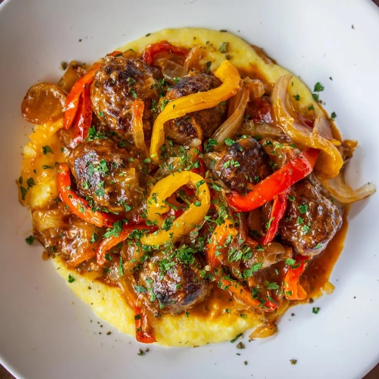 Enjoy a steaming bowl of Herb-Cozy Skillet Sausage and Peppers, a homey meal served with Parmesan polenta.