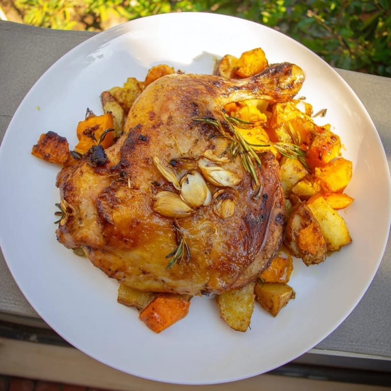 A close-up shot of crispy-skinned Roast Chicken with Rosemary and Garlic, surrounded by roasted vegetables.