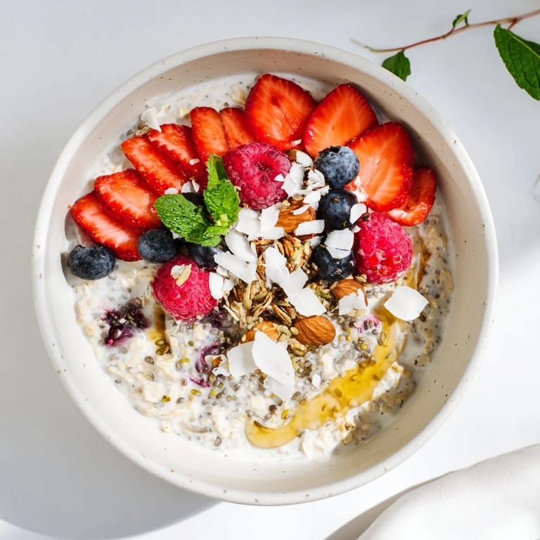 Cold, refreshing bowl of Overnight Oats with Berries and Honey: a perfect breakfast served with fresh mint.