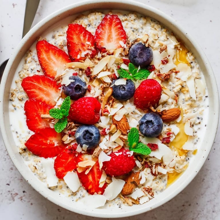 A close-up of vibrant Overnight Oats with Berries and Honey, drizzled with golden honey and nuts.