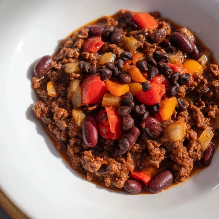 Dark, savory view of One-Pot Cozy Chocolate Chili; the perfect comforting dinner, ready in an hour.