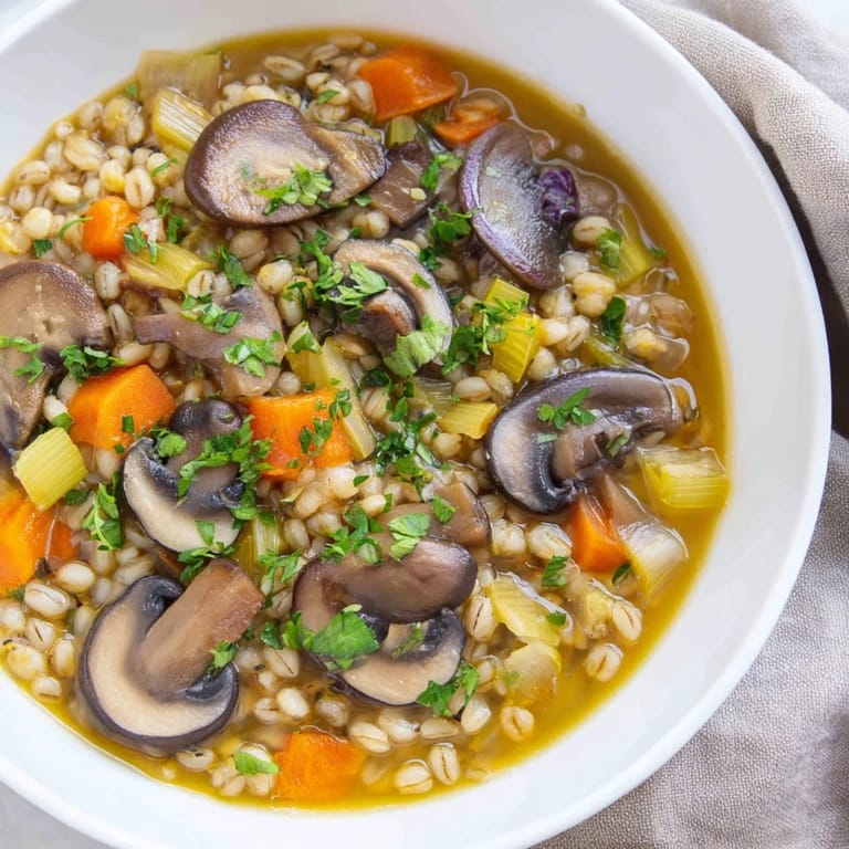 Close-up of a flavorful Wild Mushroom and Barley Soup; a hearty vegetarian meal with earthy mushroom aromas.