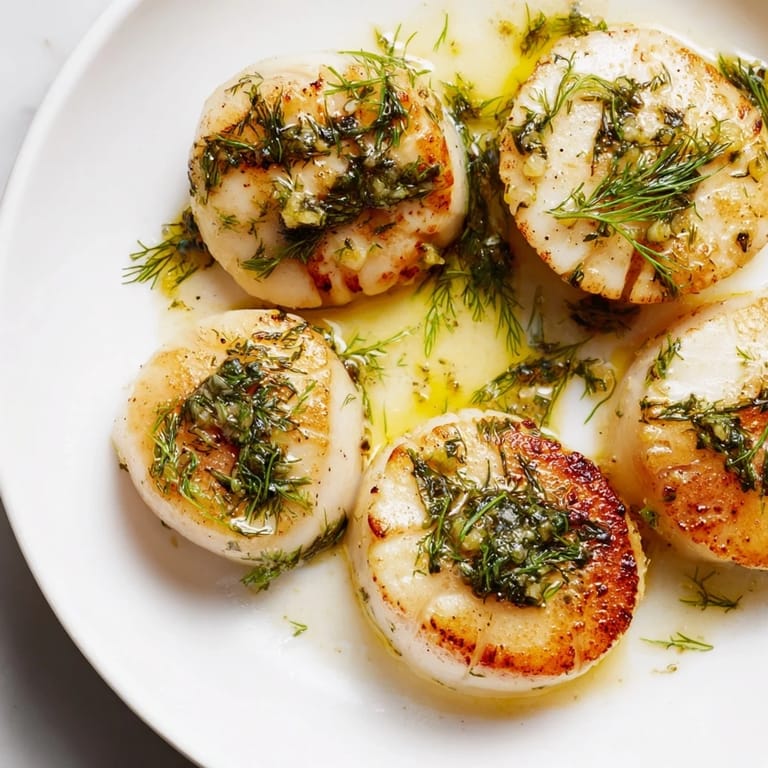 Succulent cooked Harbor-Style Seared Scallops, perfectly seared and topped with fresh lemon-dill butter, ready to serve.