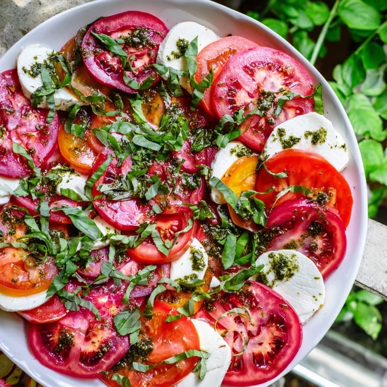 Beautifully arranged Caprese salad with a vibrant basil vinaigrette, perfect for a light summer lunch.