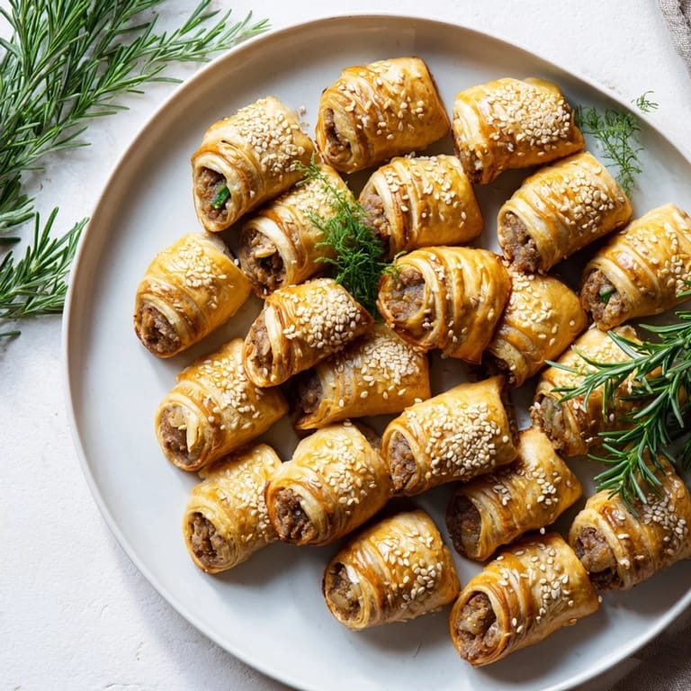 Hot, appetizing Savory Bites: Mini Sausage Roll Christmas Tree, freshly out of the oven, perfect for holiday parties.