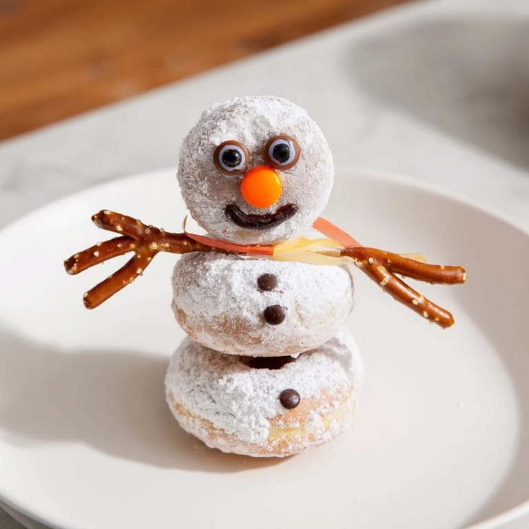 Delicious close-up of mini donut snowmen; powdered sugar donuts, chocolate chips, and candy eyes on a skewer.