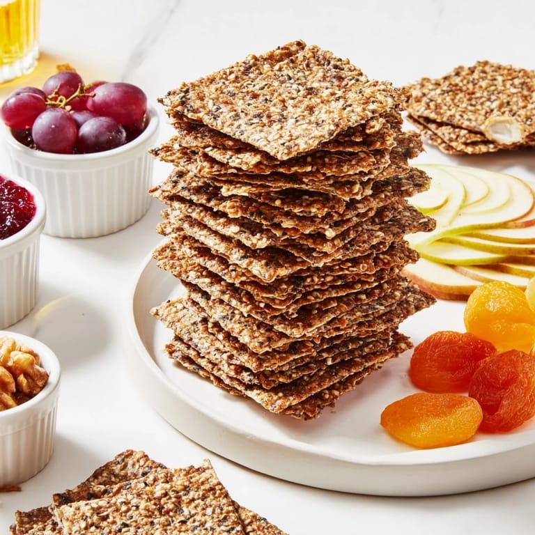 Crisp Gourmet Crackers are artfully displayed, with fruit and cheese, ready for serving this vegetarian treat.