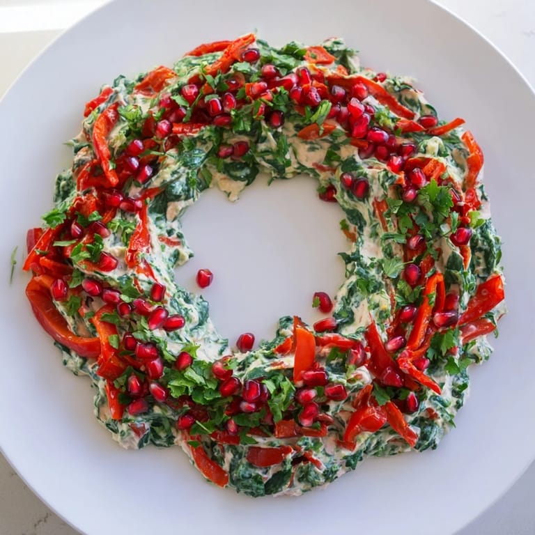 Vibrant overhead shot: A delicious red pepper and spinach dip wreath ready to be served with crackers.