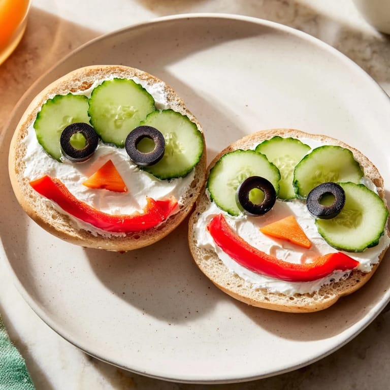 Freshly made Snowman mini bagel sandwiches, a kid-friendly snack featuring mini bagels and creative decorations.
