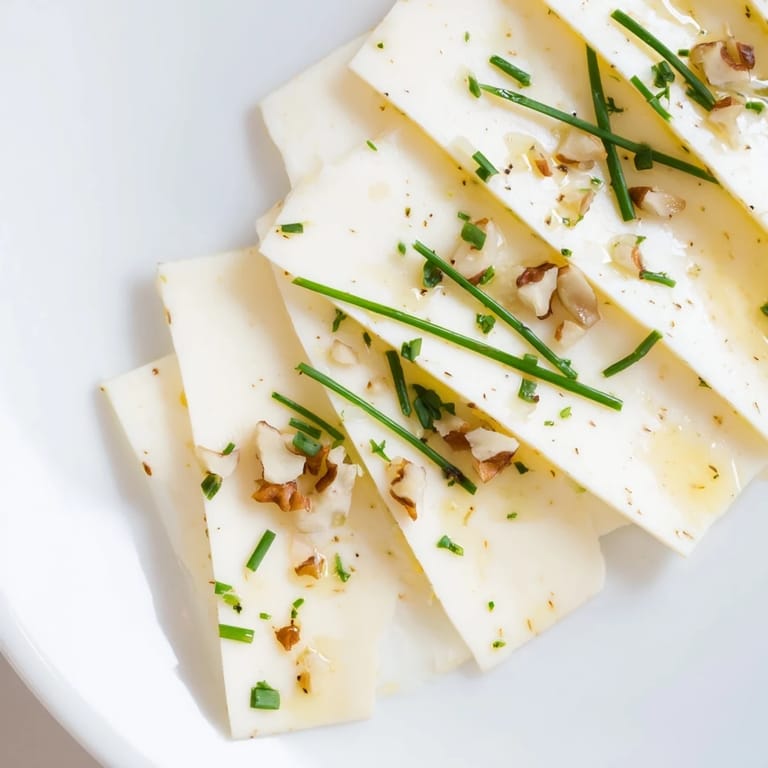 Elegant Swiss cheese fan appetizer, showcasing beautifully layered slices with fresh chives and pepper.