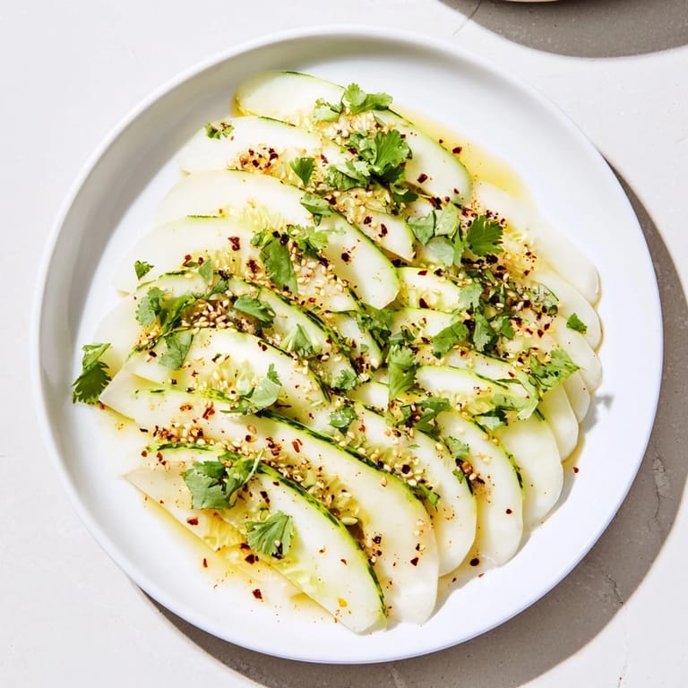 Layered Jicama and Cucumber Slice Stack, a refreshing vegan starter topped with chopped cilantro.