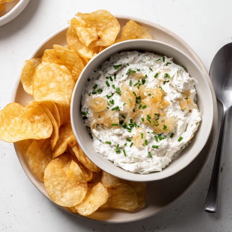 Fresh chives garnish a bowl of onion dip, perfectly paired with salty potato chips.
