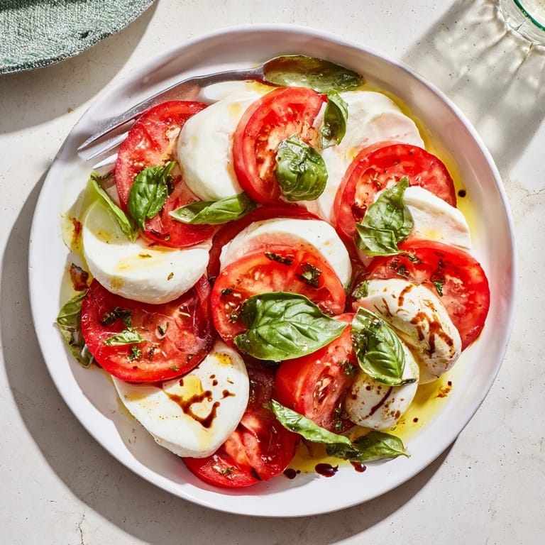 Vibrant image of sliced tomatoes and mozzarella, garnished with fresh basil for a refreshing Italian side.