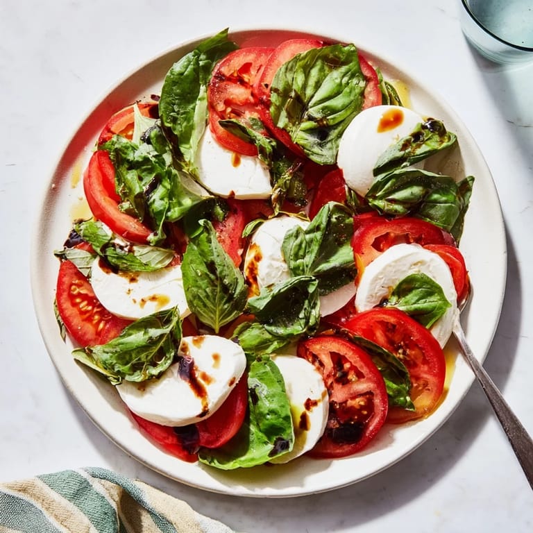 Close-up of juicy sliced tomatoes and mozzarella rounds, drizzled with olive oil, ready to serve this easy dish.