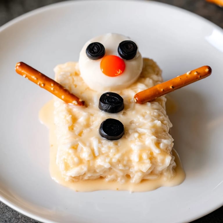 Adorable Melted Snowman Cheese Bites with olive eyes and carrot noses create a winter wonderland on a platter.