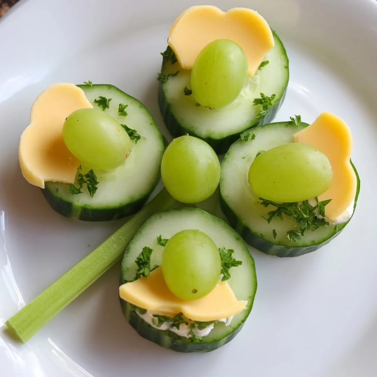 Vivid image of the Lucky Four-Leaf Clover Snack; cucumber leaves, cheese, and a celery stem look lovely.