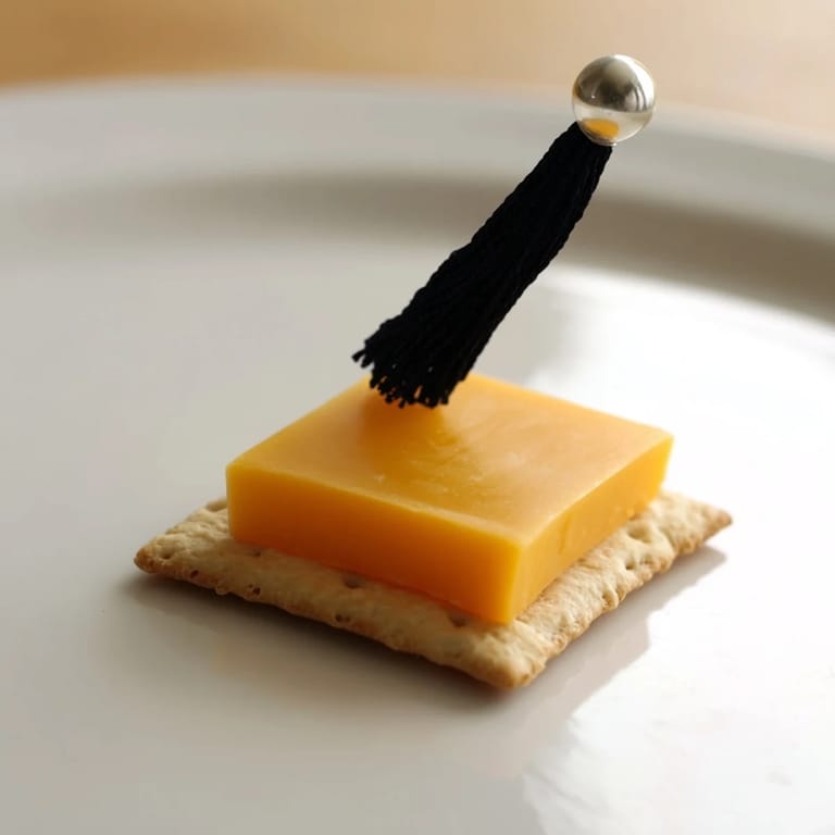 These fun Graduation Cap Snacks feature cheese squares and vibrant fruit tassels with a dot.
