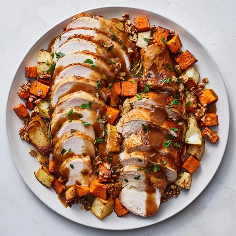 A visually stunning platter of Mayflower main dish features linking turkey and roasted root vegetables.
