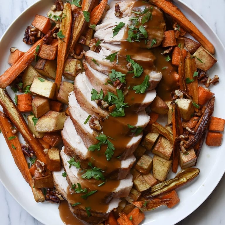 The Thanksgiving table boasts Mayflower, a delicious chain of turkey and root vegetables, drizzled in rich gravy.