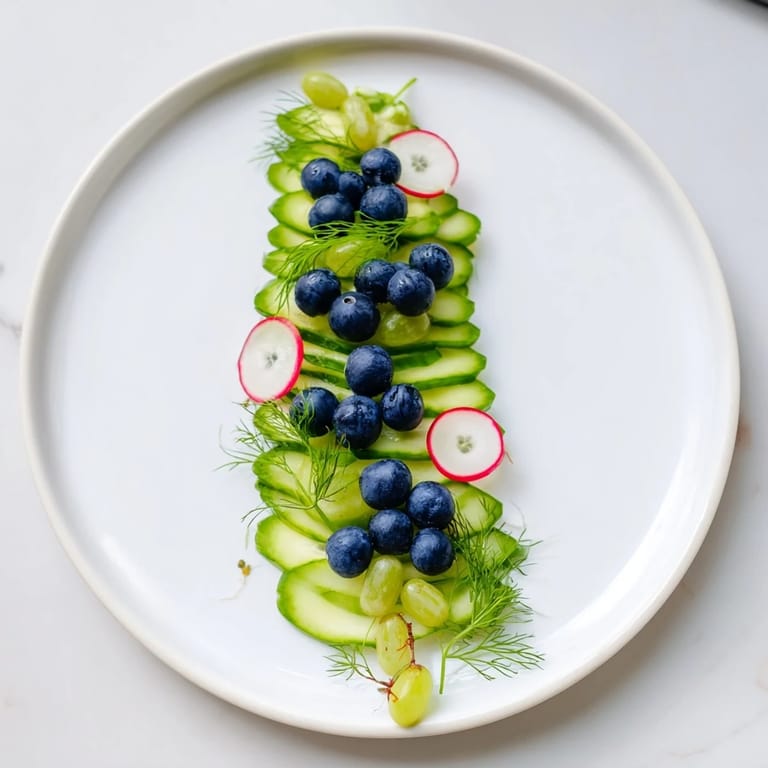 Beautifully arranged Peacock Tail features crisp cucumber slices and juicy grapes, ready to serve and enjoy.