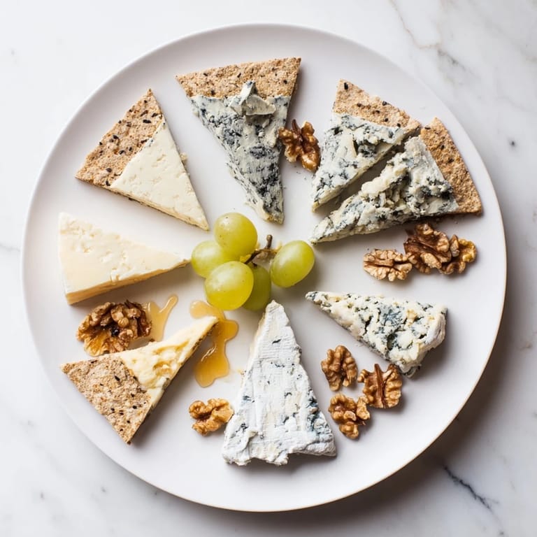 Beautifully crafted The Blue Ridge Mountains cheese platter showcasing blue cheeses, served with crackers and walnuts.