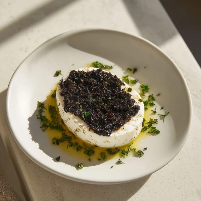 Savory The Victorian Cameo appetizer displays a dark olive tapenade cameo atop a swirl of fresh, white creamy cheese.