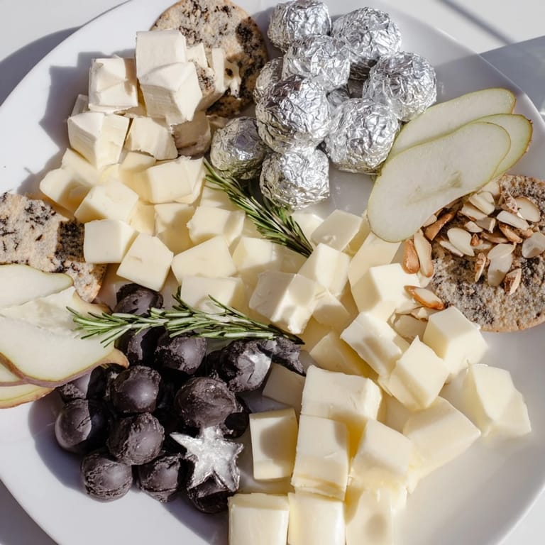 A close-up of The Silver Screen cheese board, full of savory cheeses and sweet chocolate treats.