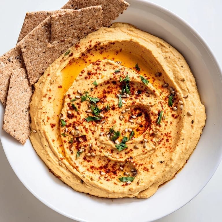 Beautifully textured Sandstone Canyon starter, showcasing the wavy layers of delicious hummus and crisp crackers.