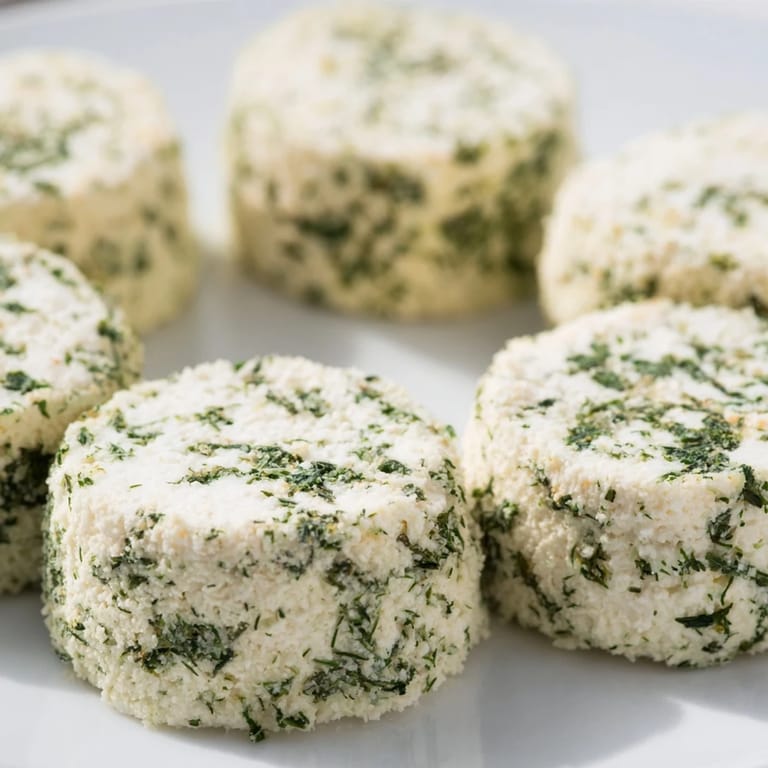 Vibrant green herbs coat soft goat cheese, transforming them into delicious "Mossy Stone" snacks.