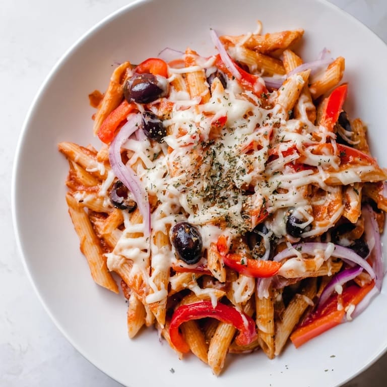 A steaming bowl of comforting One-Pot Pizza Pasta Express, ready in just 15 minutes.