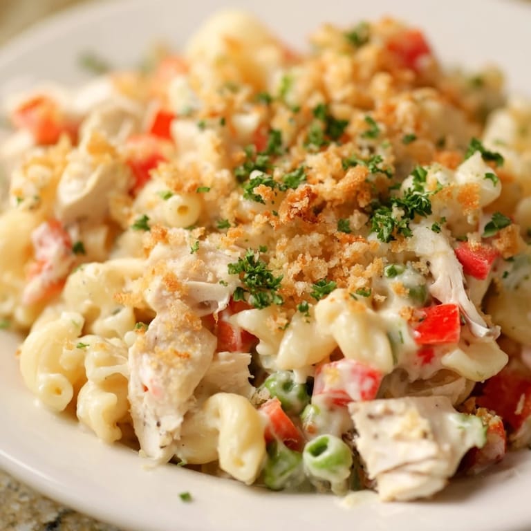 A close-up of a bubbling Chicken Macaroni Southern Style casserole, with visible tender chicken and vegetables.