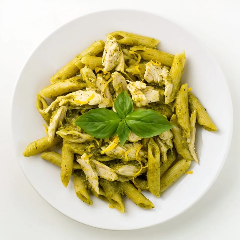 Tender shredded chicken mixed into a vibrant 10-Minute Pesto Pasta, ready in minutes for a quick dinner.