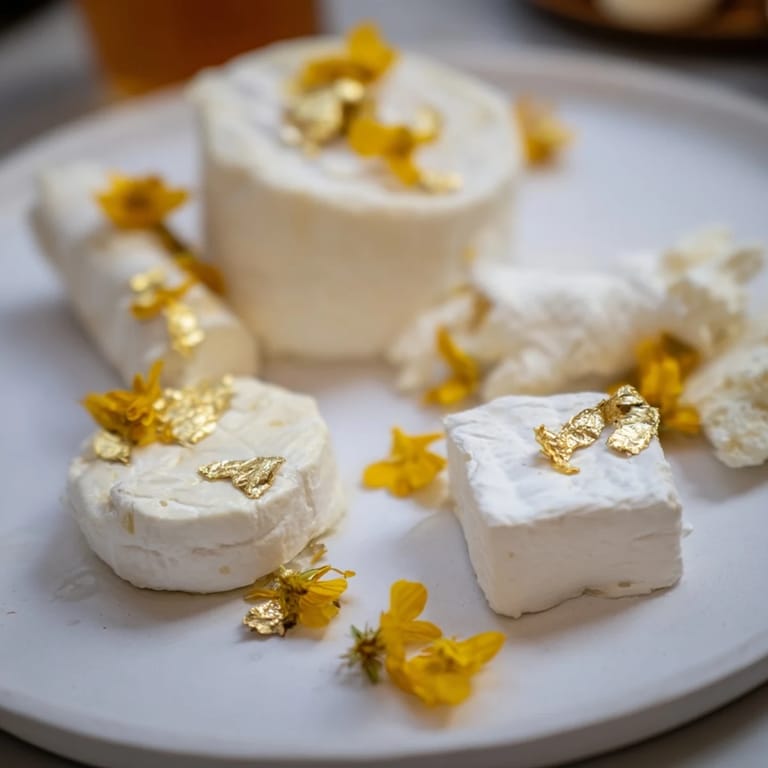 A beautiful, celebratory The Gilded Lily cheese board, adorned with edible flowers and gold.