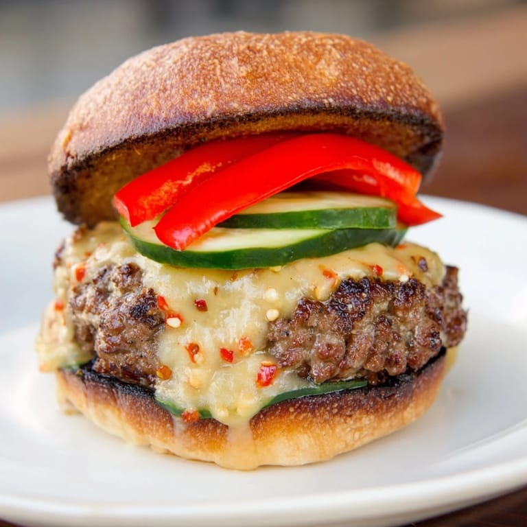 A close-up shot of the delicious Fire & Ice Burger featuring juicy beef and cooling yogurt sauce.