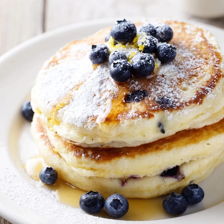 Fluffy stacks of Lemon Ricotta Pancakes, lemon zest visible, ready for drizzling with maple syrup.