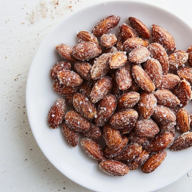 Sweet, spiced cinnamon roasted almonds, freshly baked, offering a warm crunch and delightful flavor.