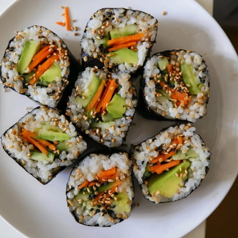 These simple veggie Avocado Cucumber Sushi rolls feature a colorful mix, ready for dipping sauces.