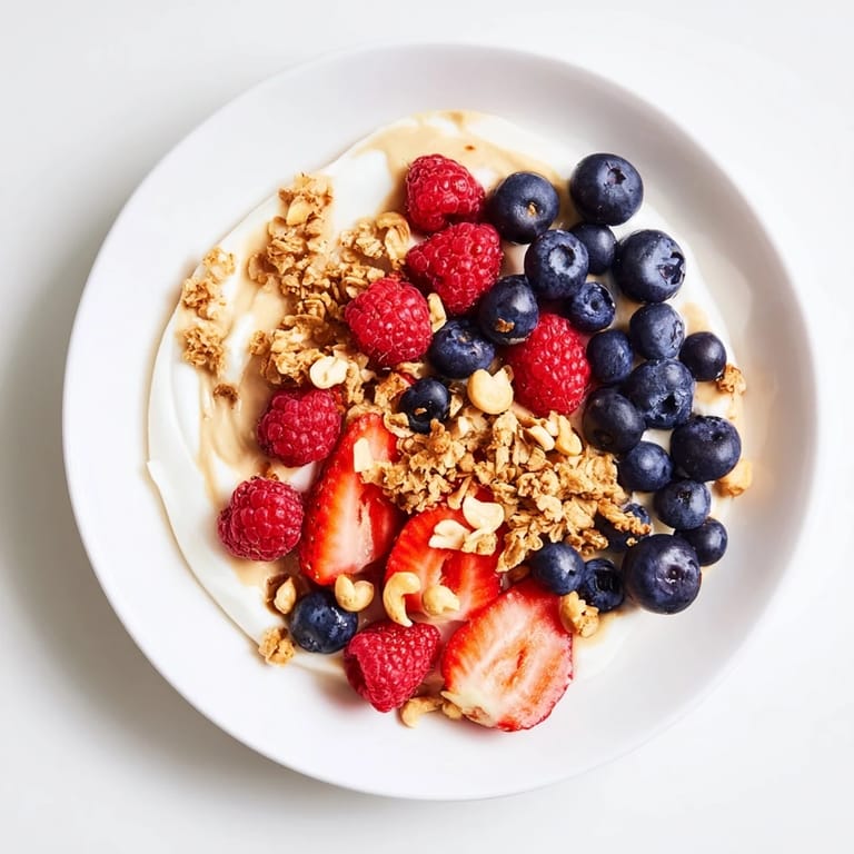 Enjoy a creamy Cashew Butter Yogurt Parfait: sweet berries, crunchy granola, and rich, smooth cashew butter.