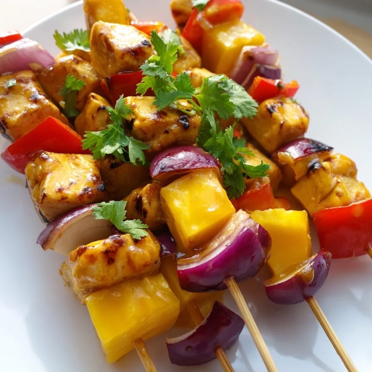 Vibrant photo of grilled Mango Lime Chicken Skewers, aromatic with charred edges, ready for serving.