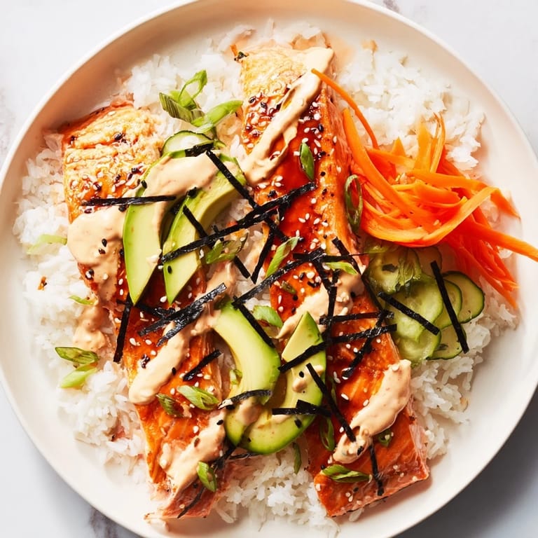 A beautifully arranged teriyaki salmon rice bowl, with glistening salmon, avocado, and creamy sriracha mayo.