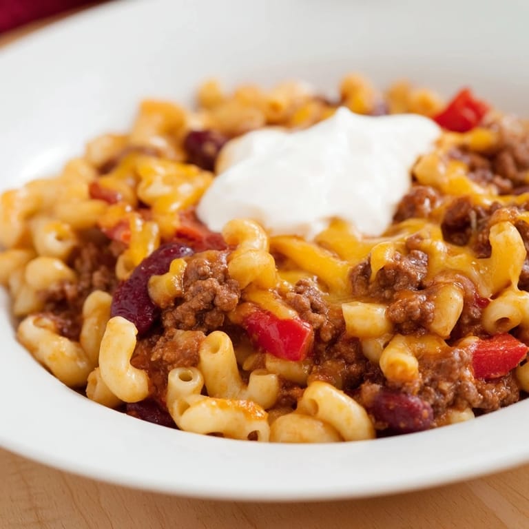 Hearty One-Pot Chili Mac bursting with savory flavors, served hot and ready to enjoy.