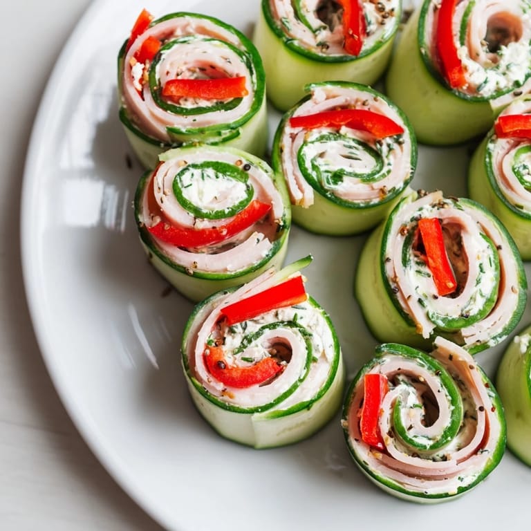 A close-up of healthy cucumber roll-ups, showcasing the colorful fillings and satisfying textures.