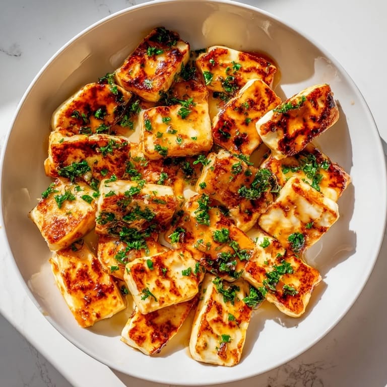 Savory and sweet, this image showcases a beautifully arranged plate of hot honey halloumi.